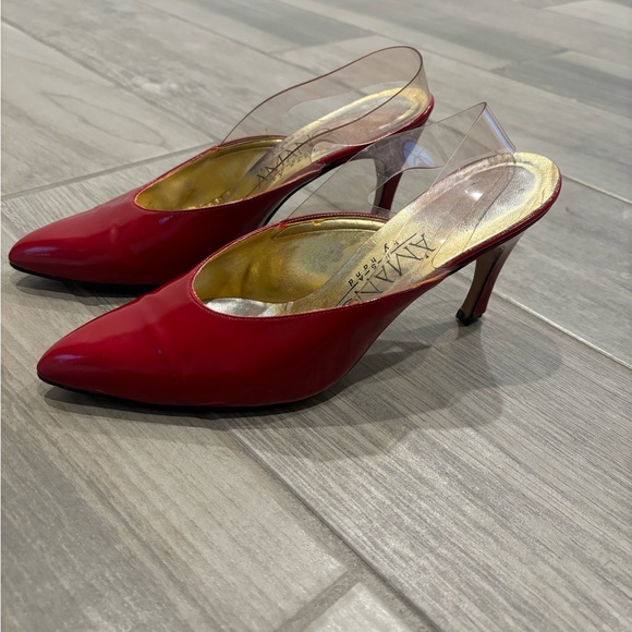 Vintage Y2K red pointed toe heels genuine leather with clear plastic slingback - Picture 1 of 7